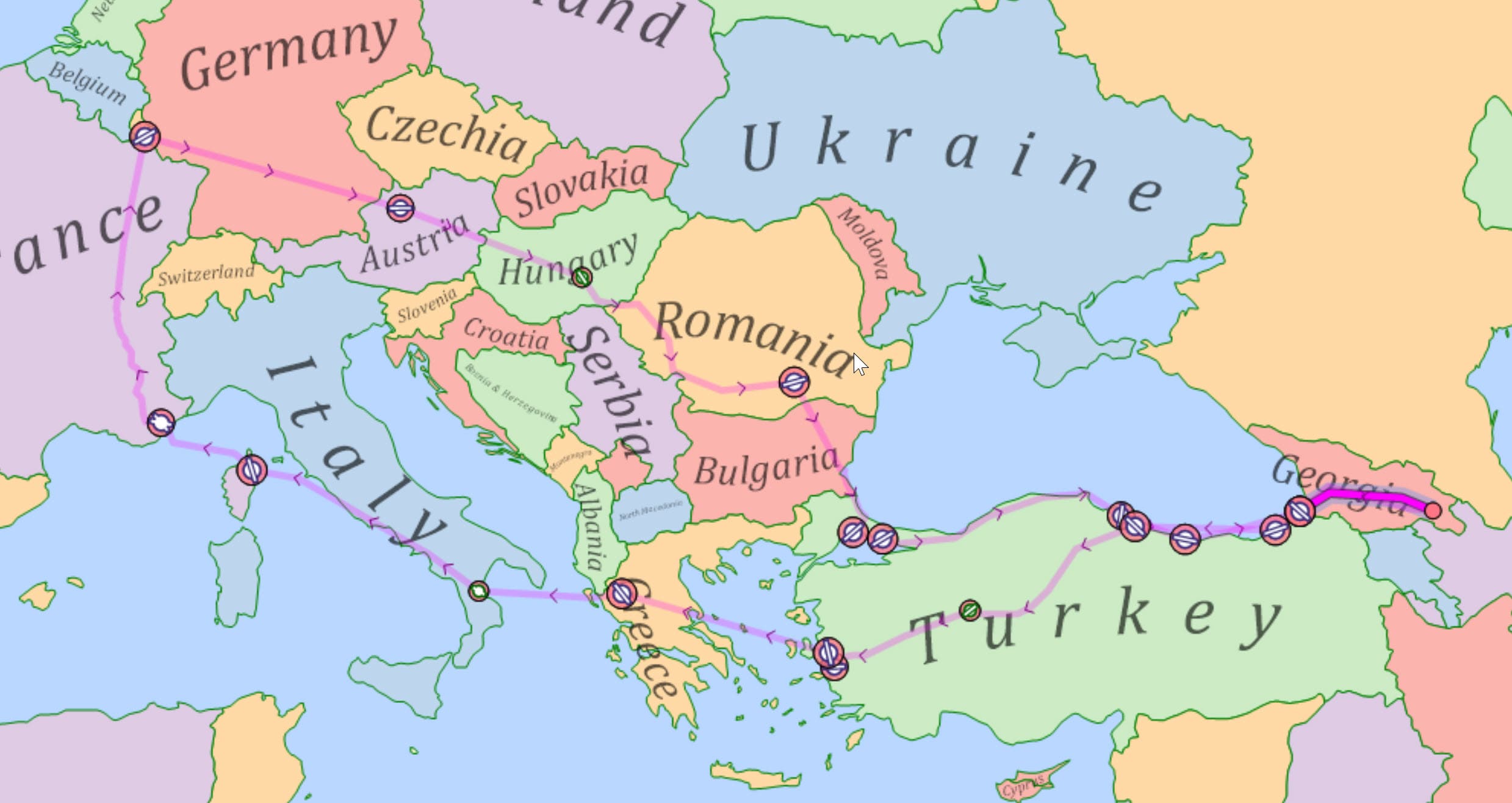 Expedition route map — Luxembourg to Georgia via Hungary, Türkiye, and return via Italy